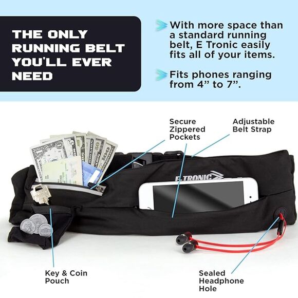 E Tronic Edge Running Belt - Unisex, Phone Holder Waist Belts w/Reflectors Gray - Picture 2 of 6